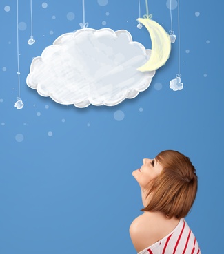 Young girl looking at cartoon night clouds with moon